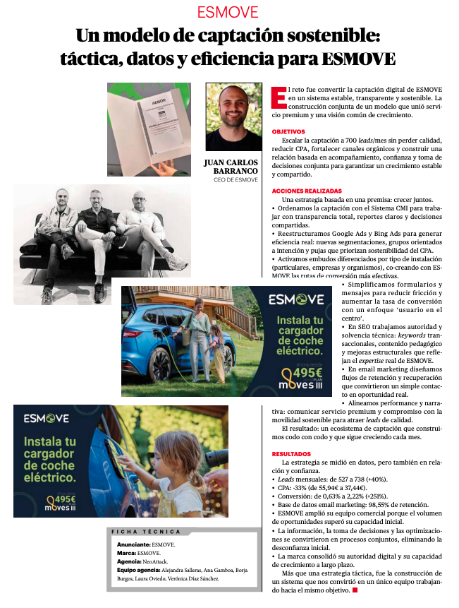 ESMOVE Aumenta su Captación un 40% y Presenta su Modelo de Crecimiento Sostenible en los Premios IPMARK