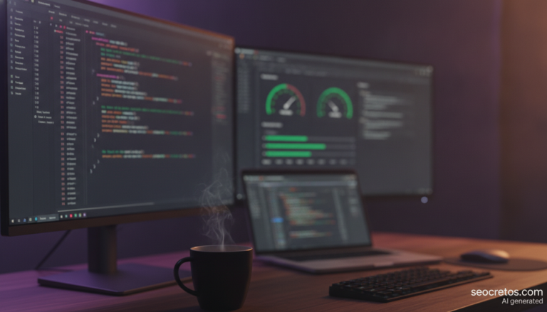 Escritorio de desarrollo con un editor de código y un panel de rendimiento web, imagen generada con IA