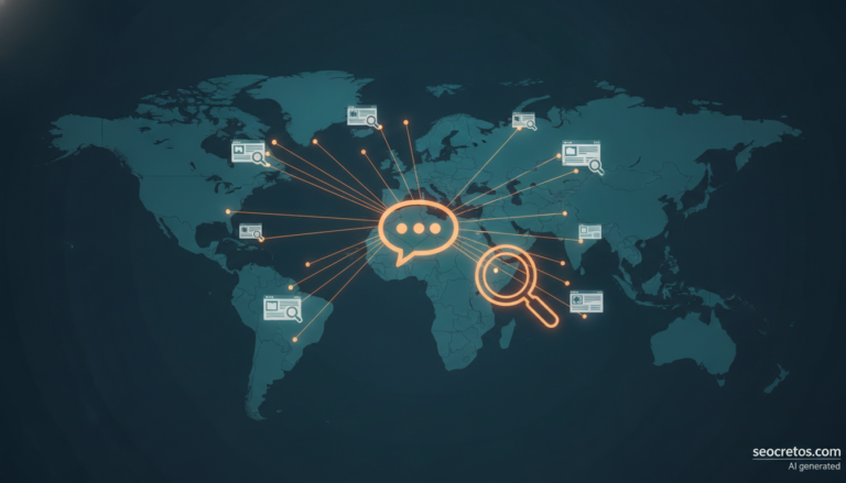 Ilustración de una red global de datos que lleva páginas web hacia un buscador conversacional de IA